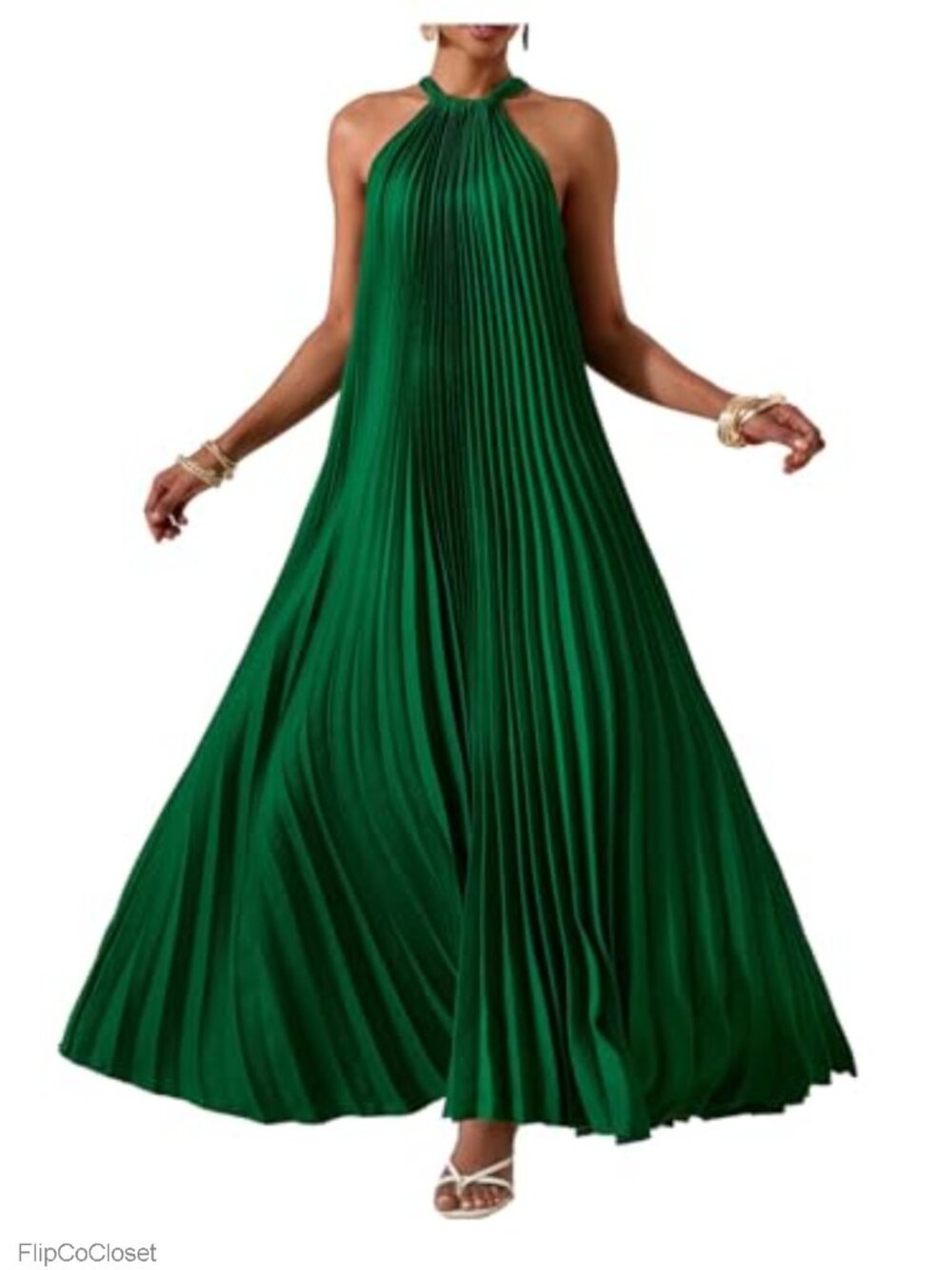 Flowy A-Line Maxi Dress Cami Halter Bow Tie Back Pleated Sleeveless Summer Party